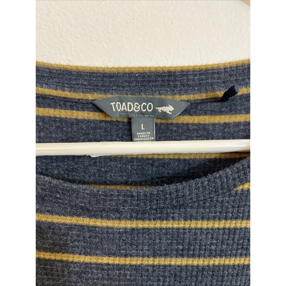 Toad & Co L Dress Blue Tan Stripe Organic Cotton Recycled Polyester Pockets - Picture 2 of 8